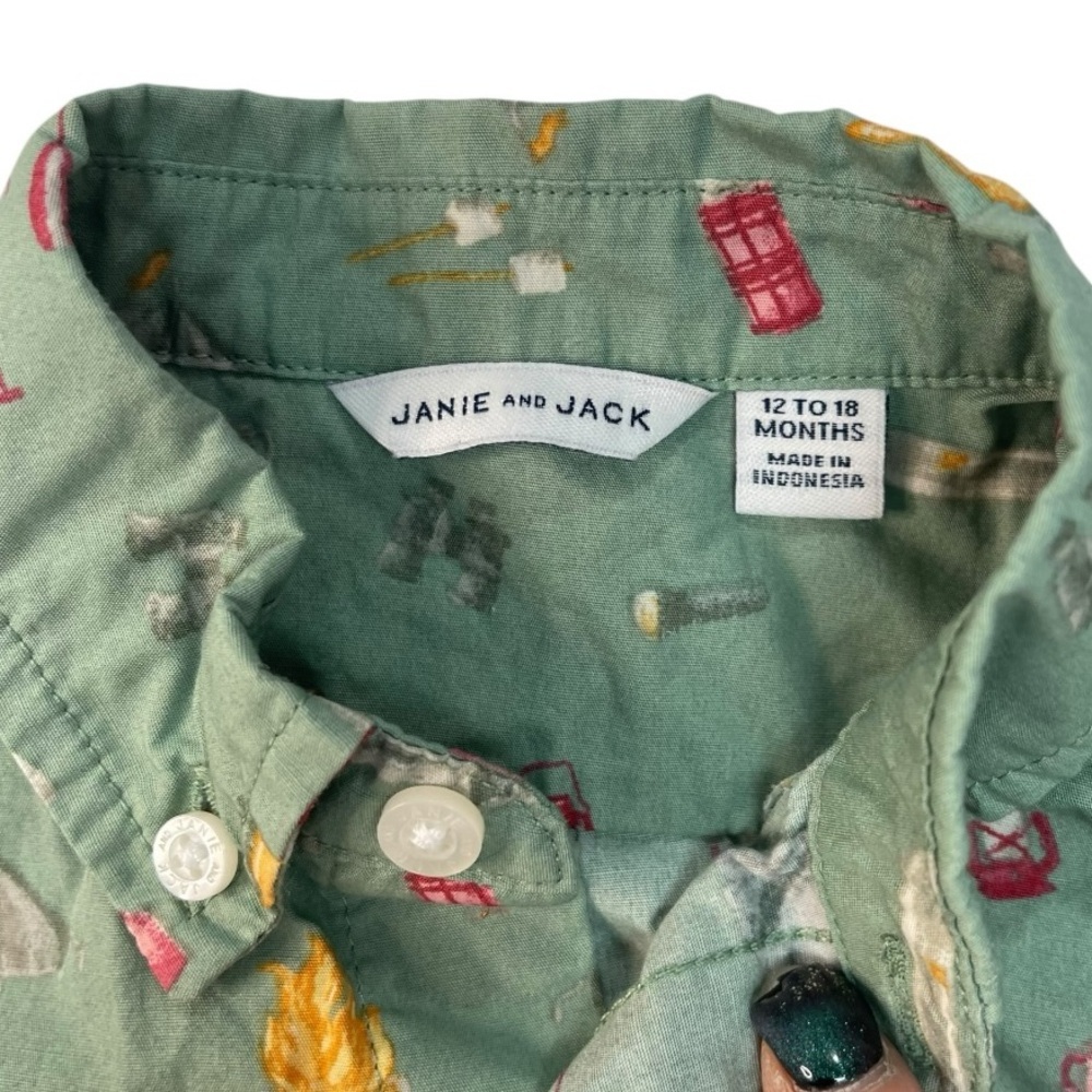 Janie and Jack Camping Motif Button Down Shirt Green - Picture 3 of 5